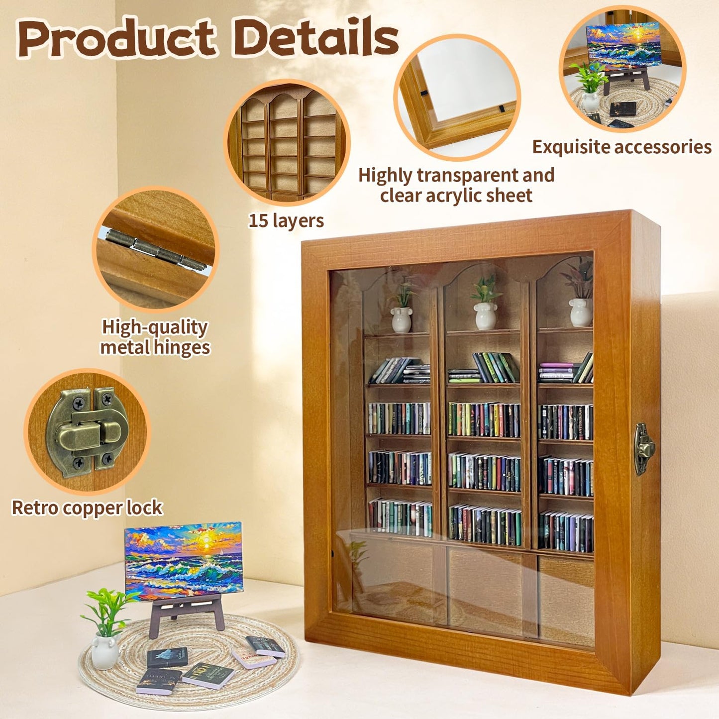 KALOPEZY Mini Bookshelf for Desk with 260 Tiny Books, DIY Anxiety Relief Wooden Book Nook Kit with Side Door, Acrylic Display Case with Easel Plant Rug, Stress Relief Decor Gift for Book Lovers Women