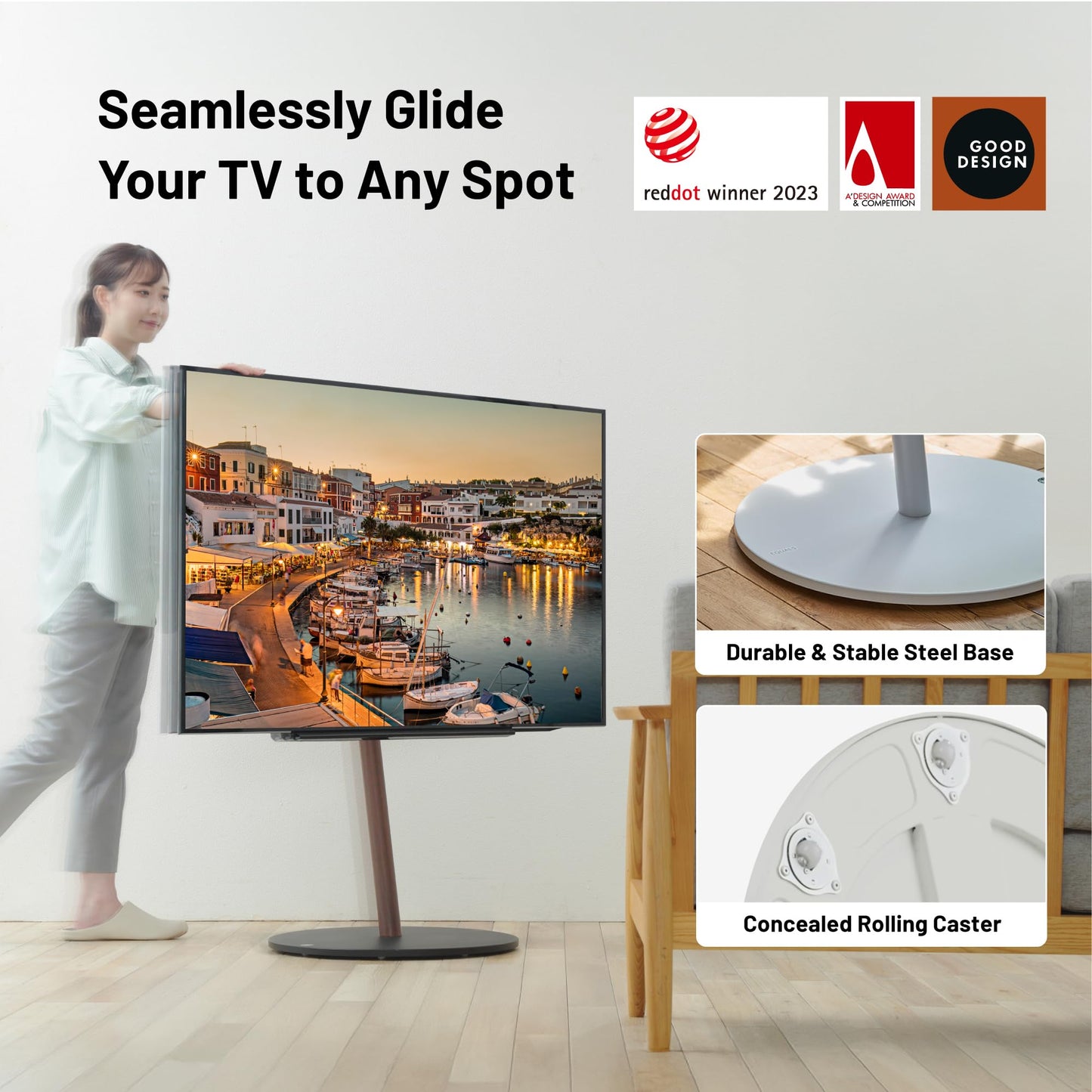 WALL Seven Stand A2 Large | Rolling TV Stand for 45–80" w/ 37.4" Soundbar Shelf | Satin Black | Portable TV Stand with Shelf | Height Adjustable, Space Saving, for Living Room and Bedroom