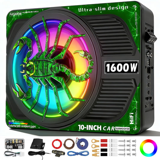 SUBPULSIX 1600W Slim Underseat Car Subwoofer and Amp Package, Powered Under Seat Subwoofer with Built-in Class D Amplifier, Subsonic Deep Bass, DSP Noise Reduction, RGB Beat Light, for Truck SUV Car