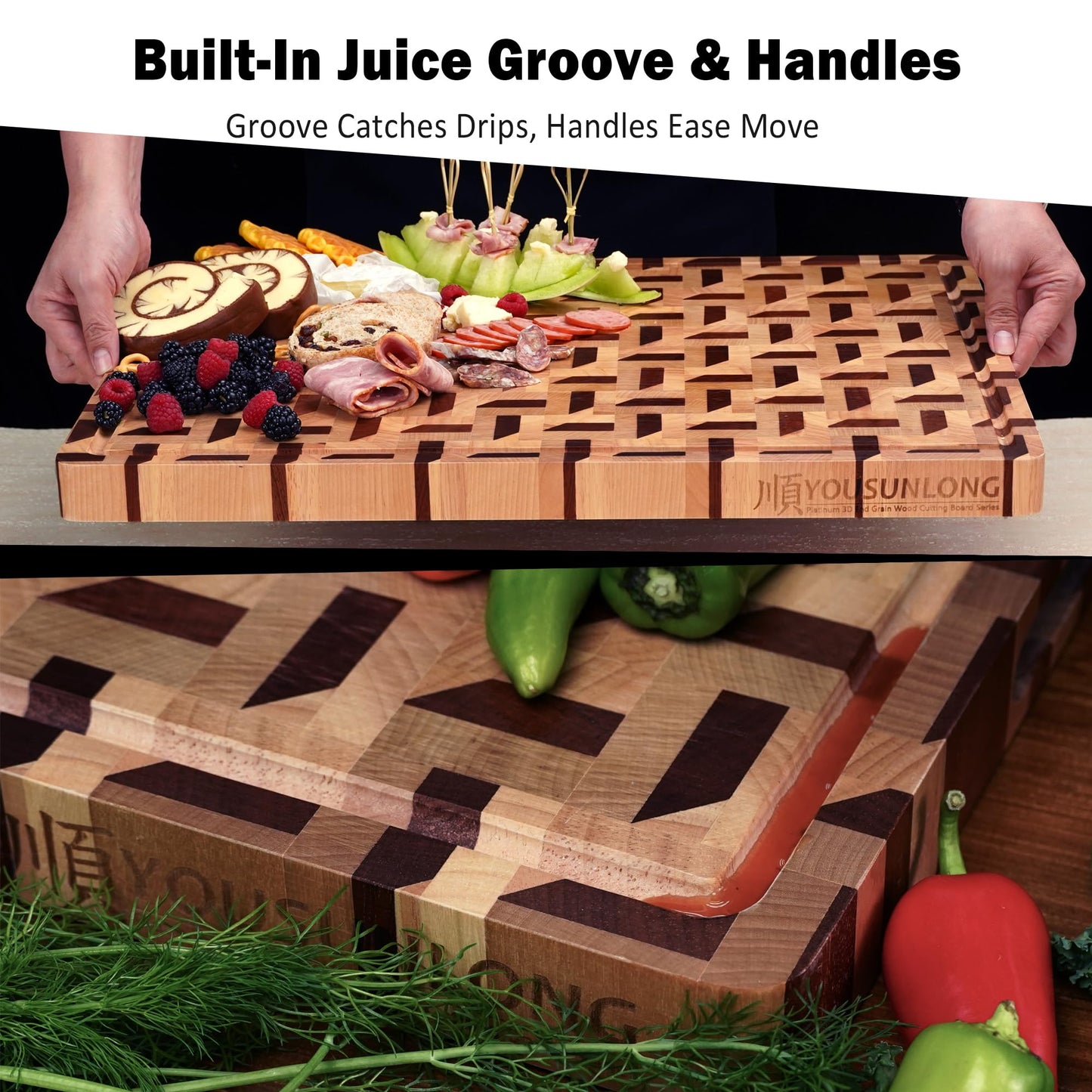 YOUSUNLONG End Grain Cutting Board - 3D Zigzag Pattern Walnut & Maple Butcher Block XXL Brisket Board - 24"L x 18"W x 1.5" Thick w/Juice Groove and Handles - Barbecue Tray,Cooktop Board;Cheese Board