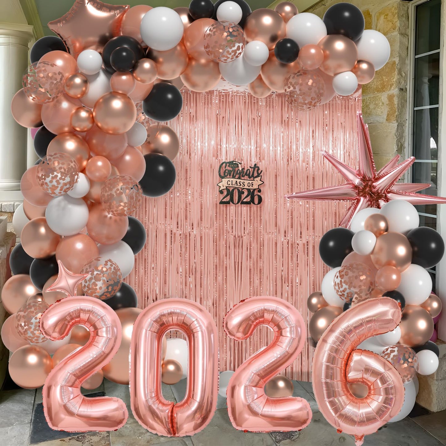 Graduation Balloon Garland Arch Kit for Graduation Decorations Class of 2026 - Rose Gold Black and White Balloons Different Sizes 5 12 18 Inch GraduationBalloons Arch for Grad Party Supplies