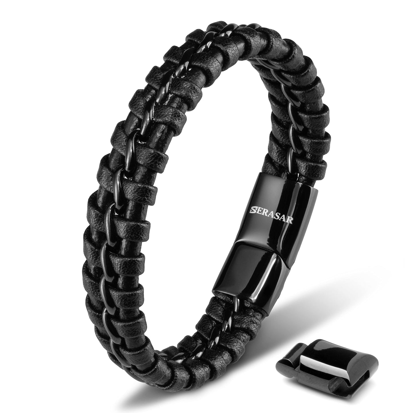 SERASAR Leather Bracelet Black 17cm Men Gift Box Genuine Cowhide Braided Adjust Able Magnetic Clasp Jewellery Rope Man Mans Male Mens Bracelets Band Jewelry Magnet Accessories