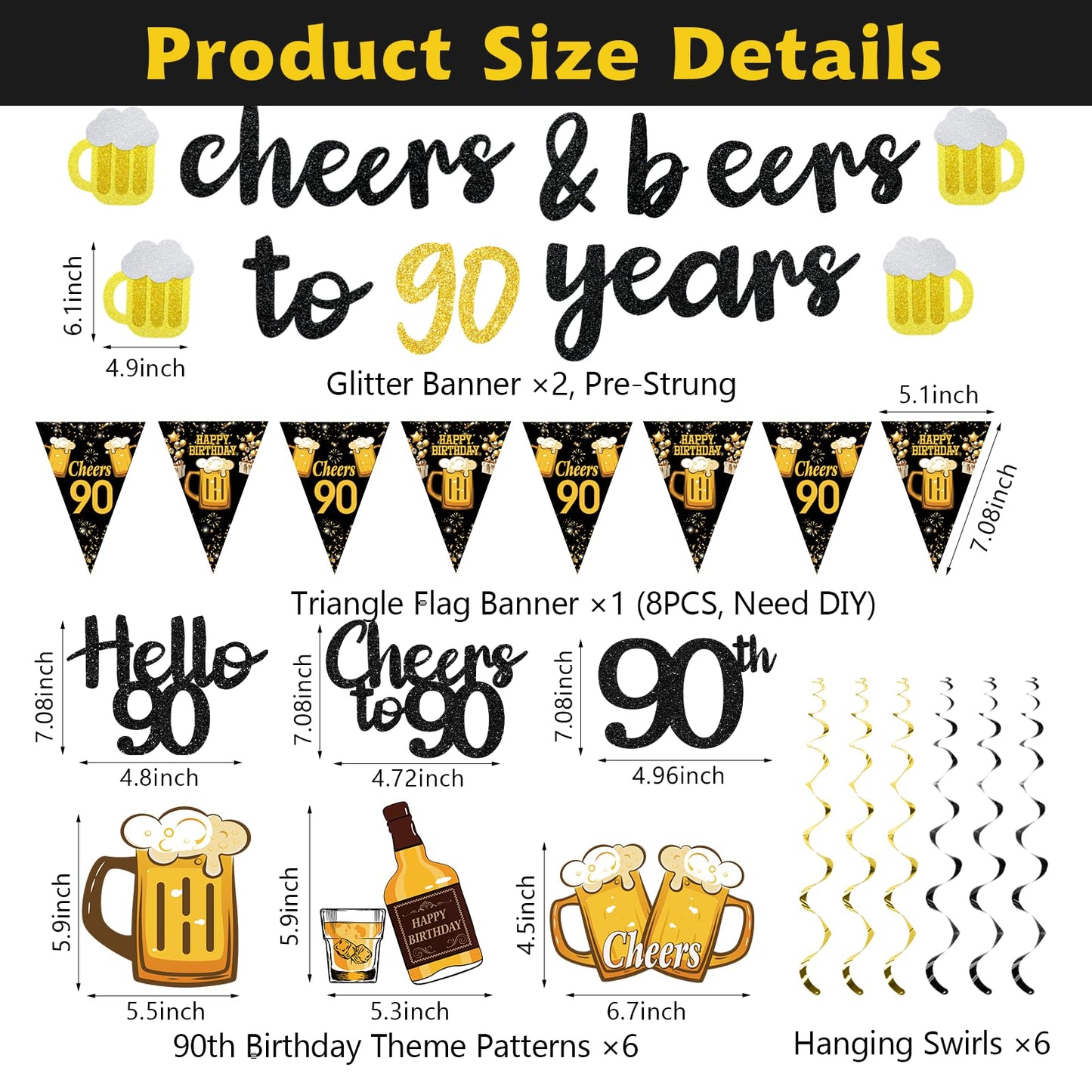 Black Gold 90th Birthday Decorations for Men Women, Glitter Pre-Strung Cheers to 90 Years Banner Hello 90 Hanging Swirls Paper Triangle Flag Banner Decorations Bday Party Supplies Kit