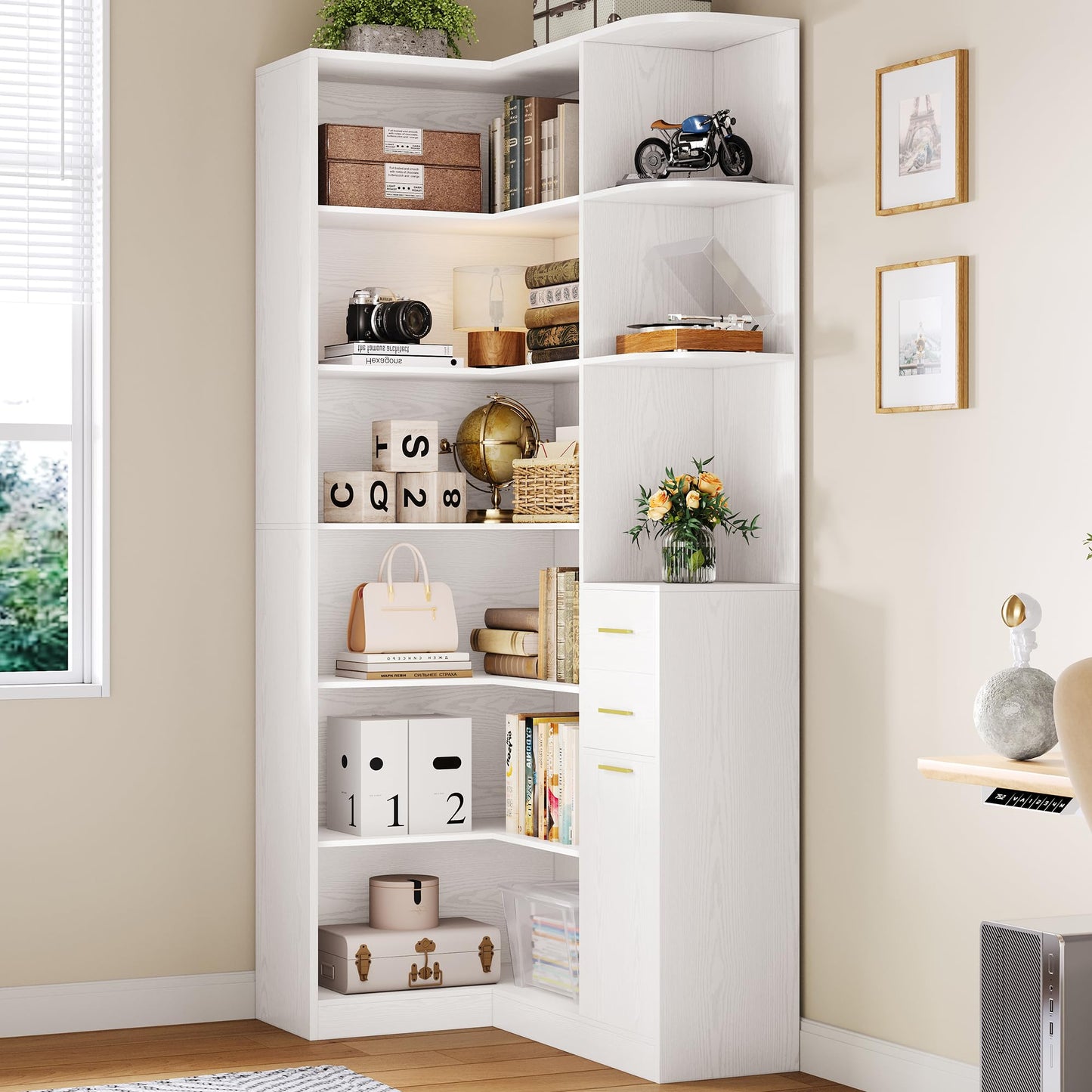 IRONCK Corner Bookshelf, 76" Tall Corner Bookshelves, 6 Tiers L-Shaped Bookcase with 10 Open Shelves and 2 Storage Drawers for Living Room or Home Office