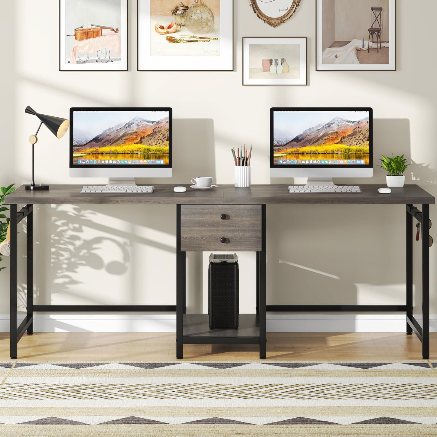 Tribesigns 79 Inch Extra Long Desk, Two Person Desk with 2 Drawers, Double Computer Table with Storage Shelves, Writing Table for Home Office, Grey