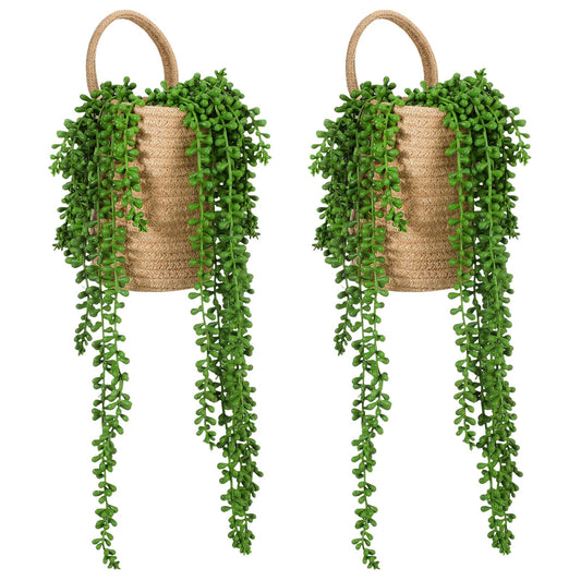 Umigy 2 Pack Wall Hanging Rope Baskets with 4 Pcs Faux Strings of Pearls Plant Jute Hanging Basket with Artificial Succulents for Porch Living Room Bedroom Entryway Patio Outdoor Decoration