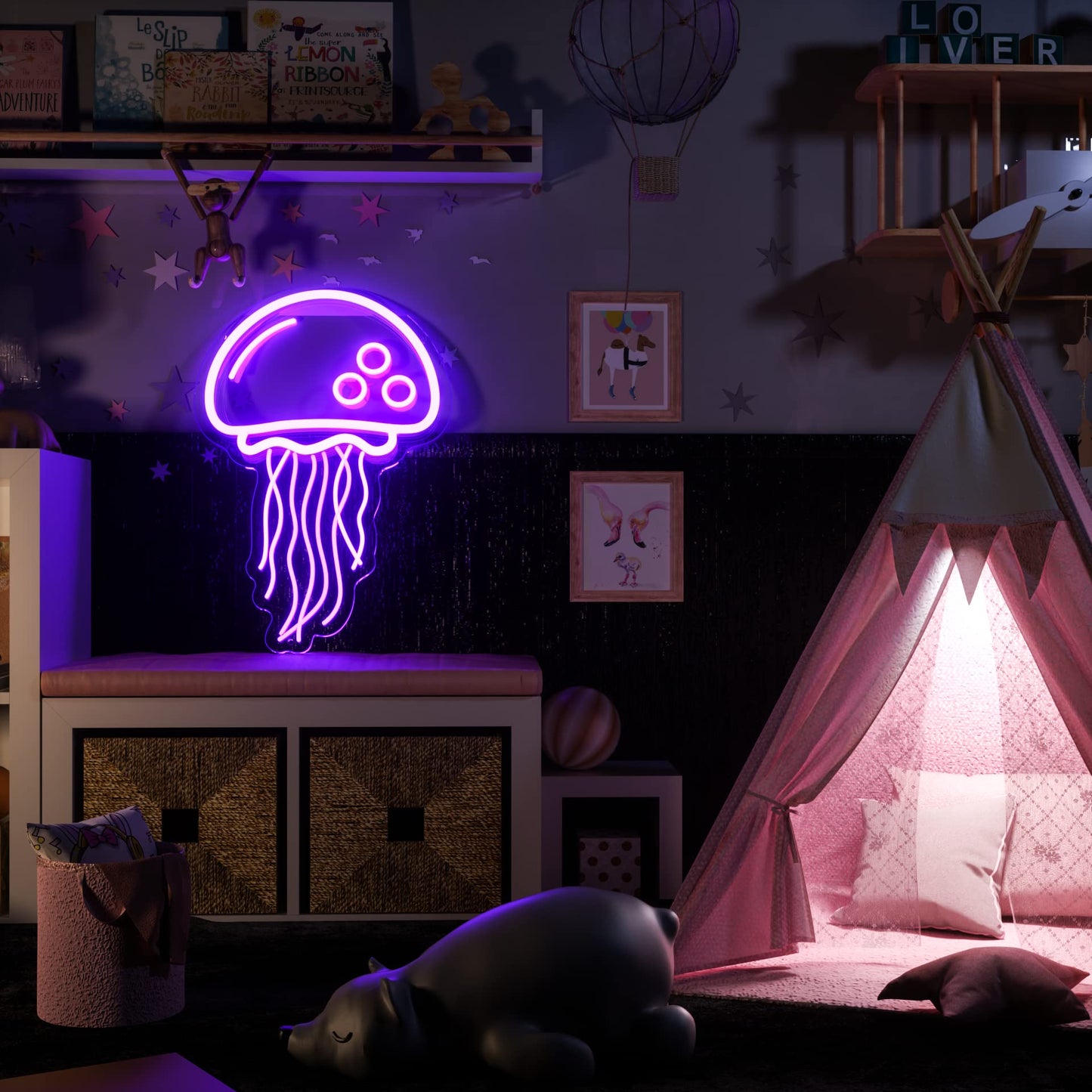 Jellyfish Neon signs for wall decor,Powered by USB Purple LED Neon Light Sign，3D Art Aesthetic Jelly Fish Neon Sign for Birthday Party,Jellyfish Decor, Kids Gifts