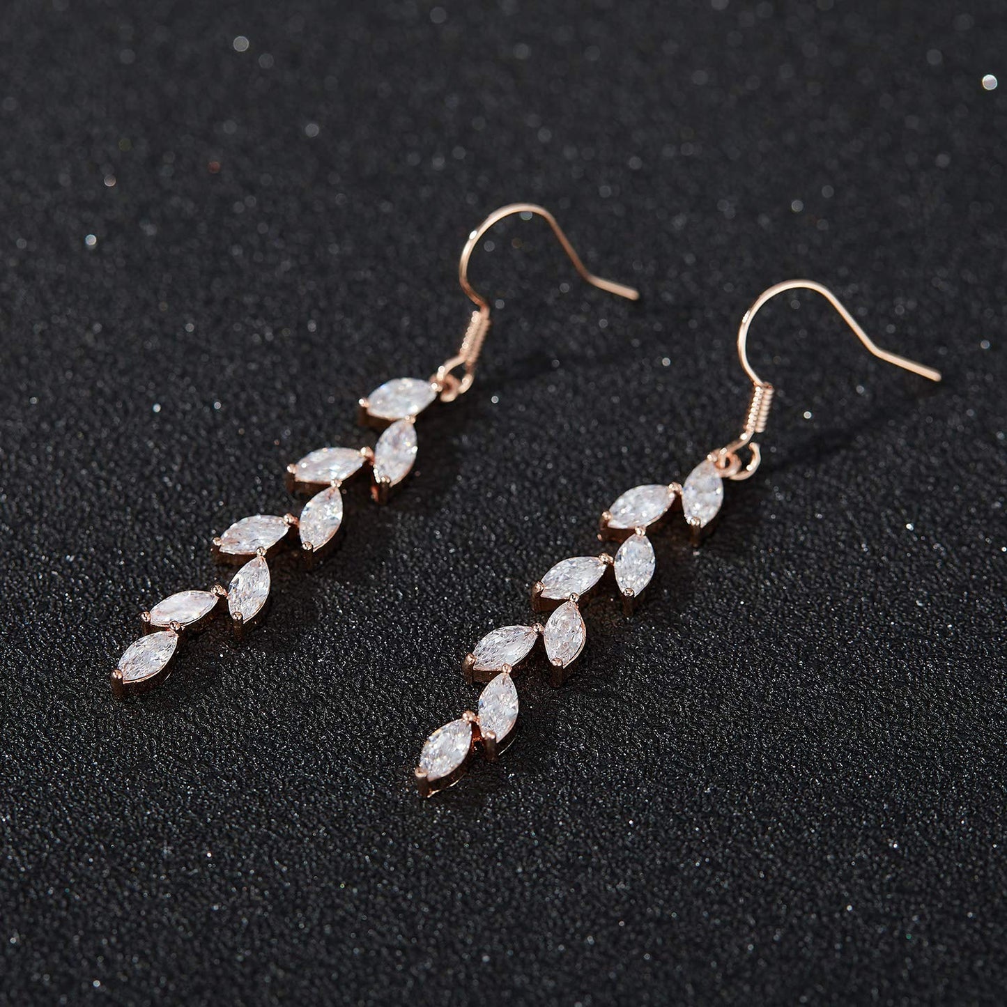 SWEETV Rose Gold Plated Marquise Wedding Dangle Earrings for Brides Birdesmaid, Crystal Long Bridal Earrings for Women Prom