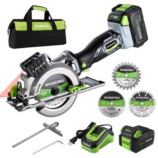 WORKPRO 20V Cordless Mini Circular Saw, 4-1/2" Compact Wireless Circular Saw 4.0Ah Battery, Fast Charger, 3 Blades, 4500RPM, Laser Guide, Max Cutting Depth 1-11/16"(90°), 1-1/8"(45°)