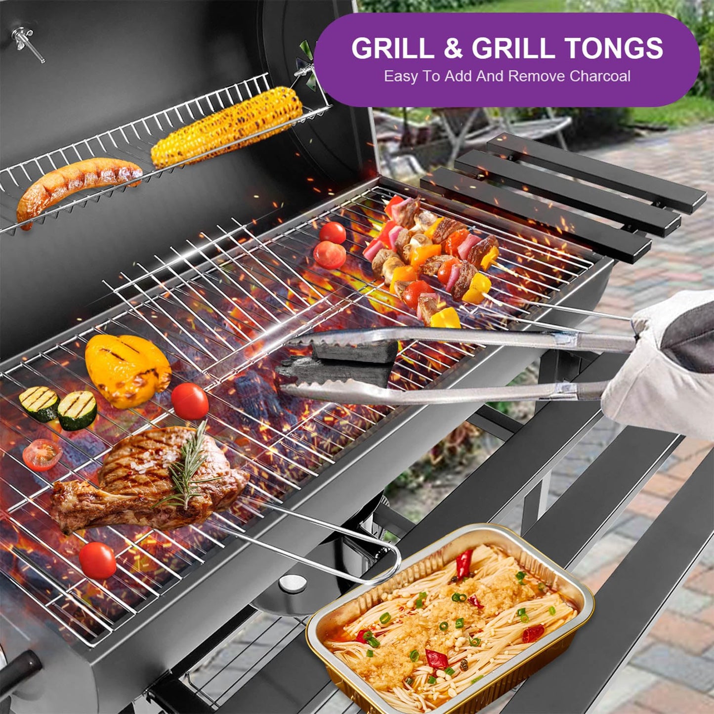 HALNYHYFD Charcoal BBQ Grill with Thermometer & Foldable Side Table, 565 sq in Cooking Space Large Charcoal Grills, Barrel Charcoal Grills for Backyards Picnic Cookouts
