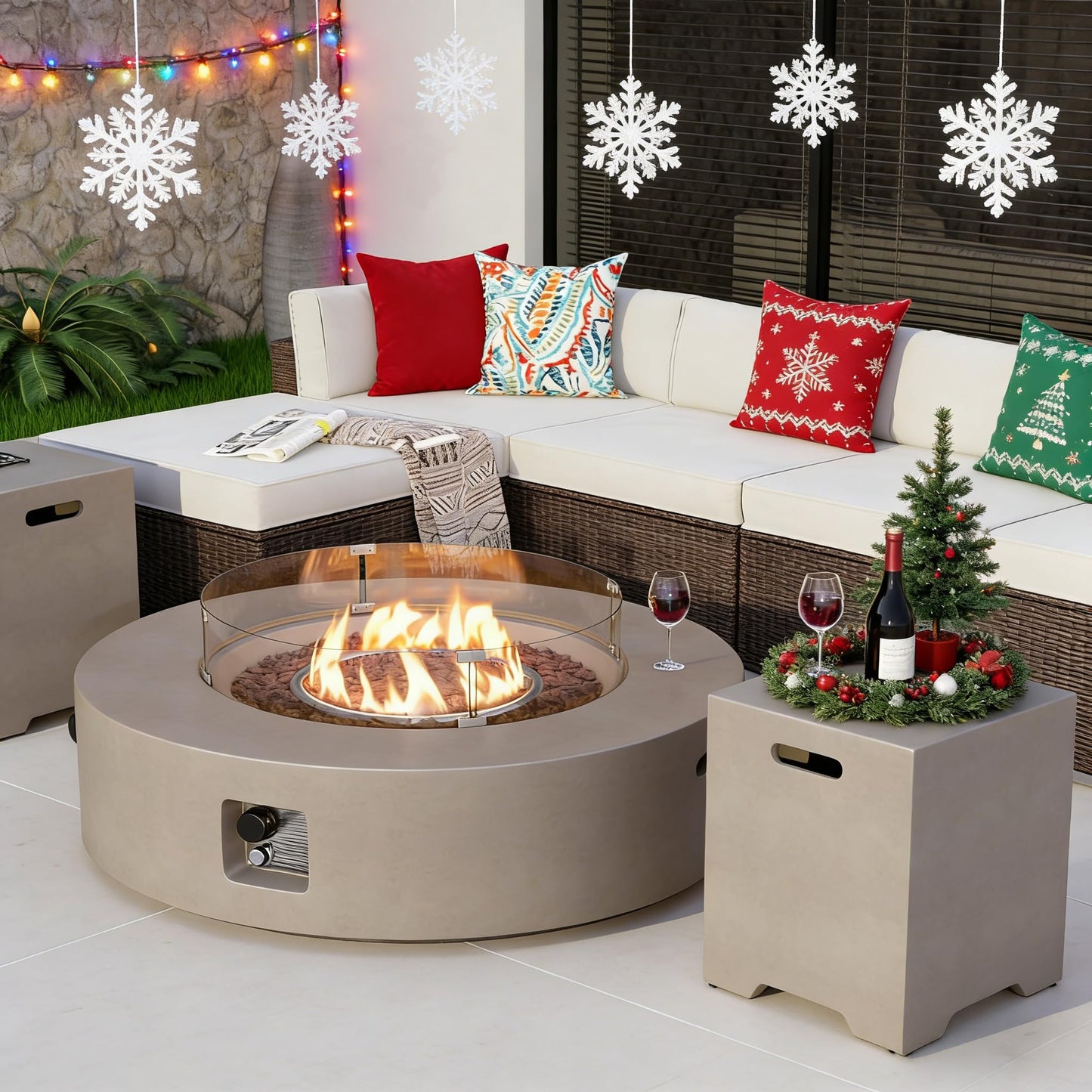 COSIEST 2-Piece Outdoor Propane Firepit Table Set w Tank Table, 42" Fire Table Certified, 50,000 BTU w Gray Round Base,Wind Guard and 16 inches Tank Side Table 20lb for Garden,Pool
