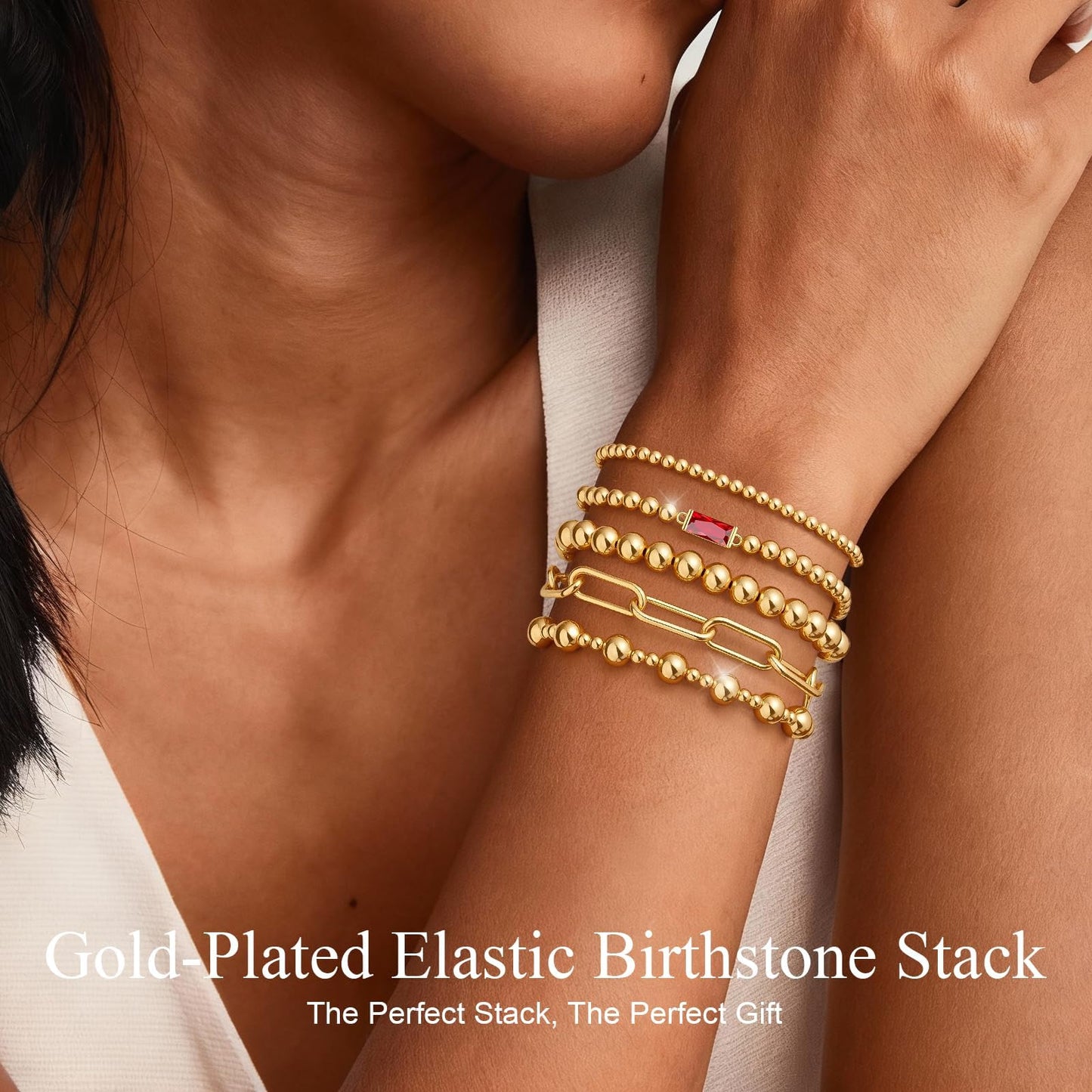 5 PCS Gold Bracelets for Women, Dainty Birthstone Bracelet 14K Gold Plated Stackable Paperclip Cuban Link Chain Bead Bracelets, Fashion Trendy Jewelry Sets Birthday Gifts