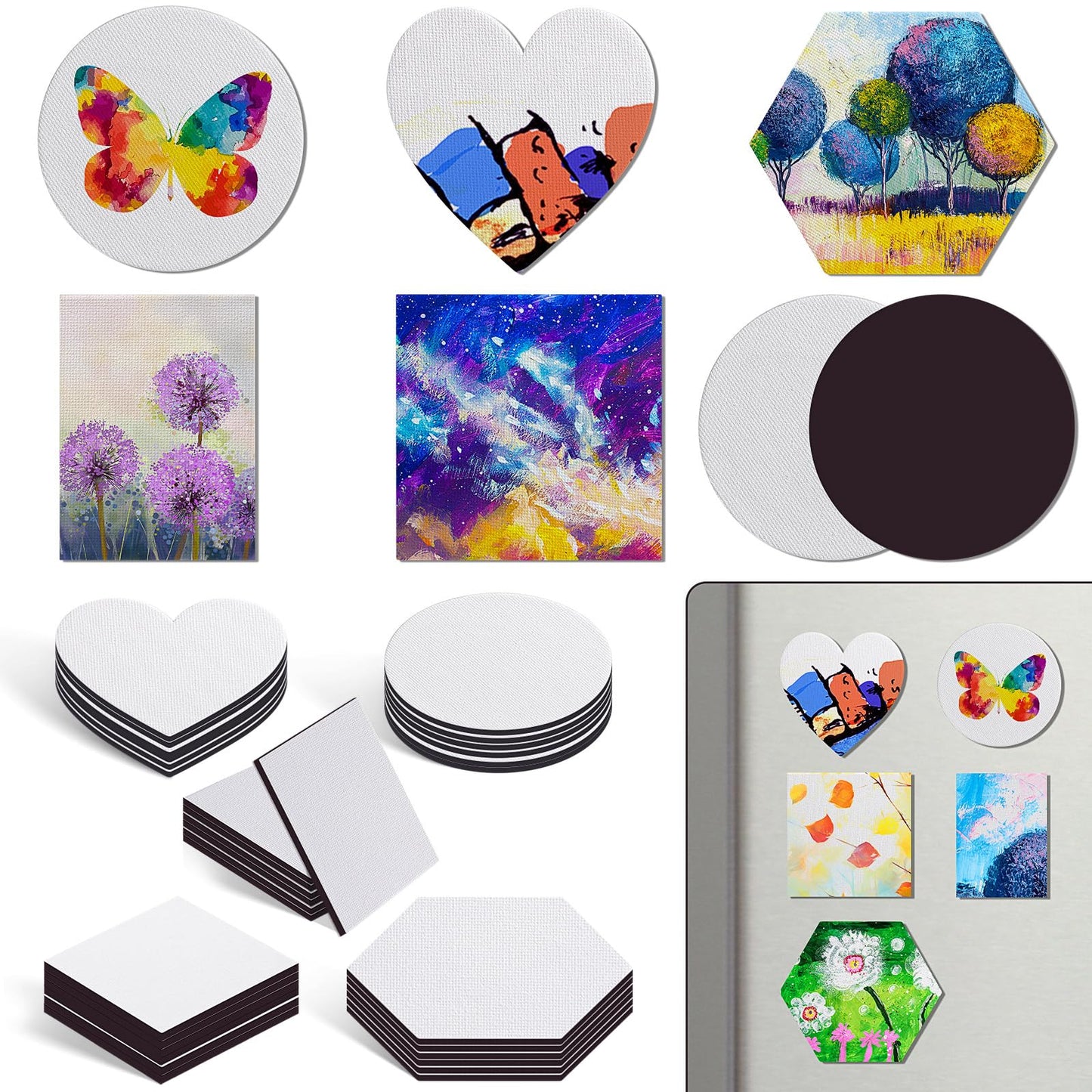 Engrowtic 60 Pcs Mini Magnetic Canvas Panel Boards Magnetic Painting Canvas Panel Various Size for Painting Fridge Locker Art Crafts DIY(Multi Shape)