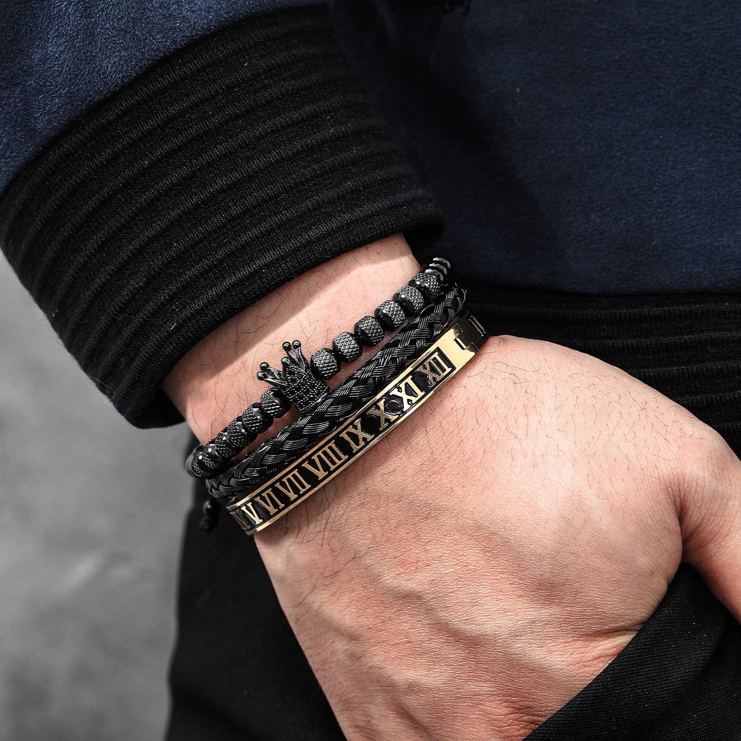 WFYOU 3PCS Stainless Steel Bracelets for Men Gold Roman Numeral Bangle Bracelet Twisted Cable Bracelet Adjustable Cuff Bracelet Mens Luxury Jewelry Bracelets Gifts(I:Black)