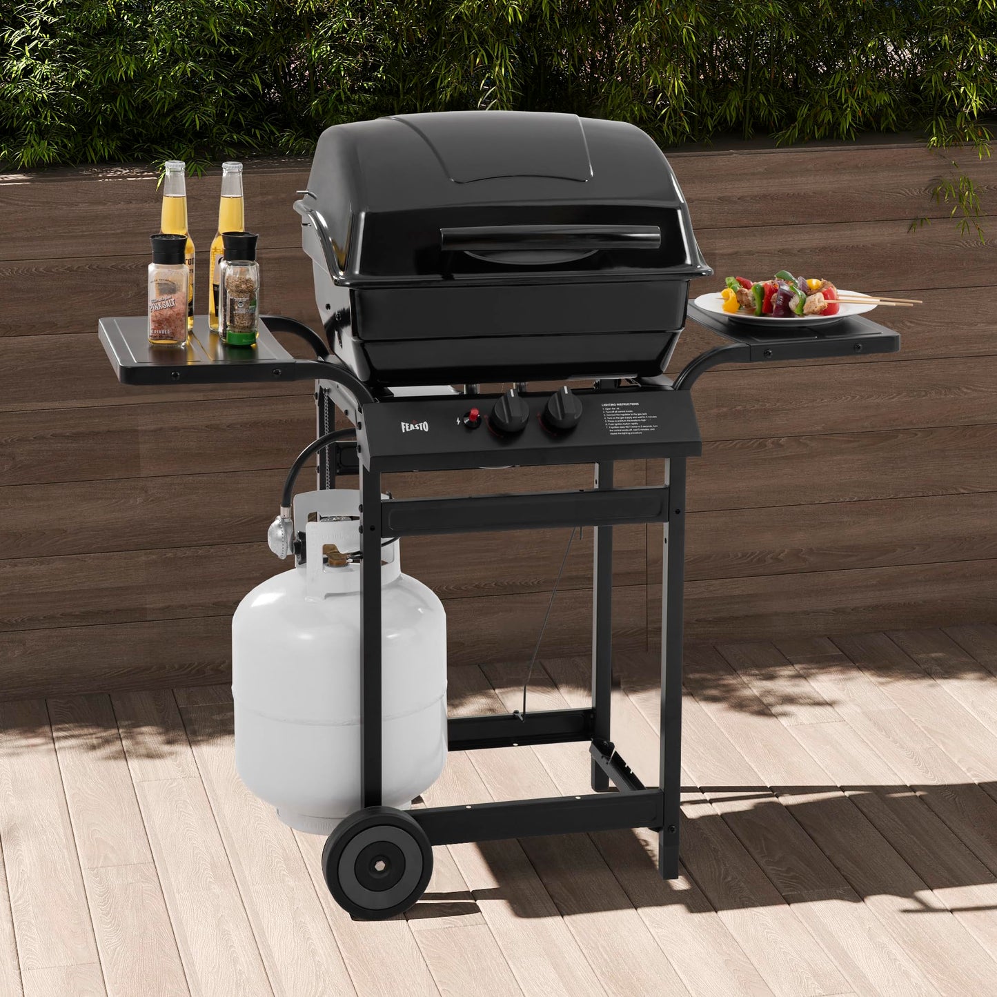 Feasto 2 Burner Propane Gas Grill with 26,500 BTUs Output, Porcelain-Enamel Main Body and Lid, Propane BBQ Grill with Warming Rack & Side Tables for Patio, Backyard, Poolside Gatherings