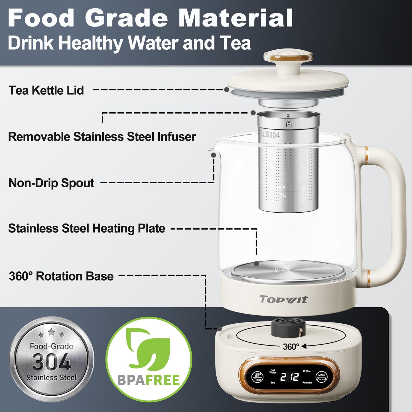 Topwit Electric Tea Kettle, 11 Temperature Control & 4 Presets Glass Kettle with Removable Infuser, 0.8L Electric Kettle for Coffee, Formula, Tea Maker with 8H Keep Warm, Boil-dry Protect, Beige