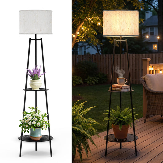 Solar Outdoor Floor Lamp with Plant Shelves, Waterproof Solar Standing Lamp for Patio Porch Garden Yard, Auto On/Off Warm LED Floor Light with 2-Tier Plant Stand, Cordless Outdoor Decor Lighting