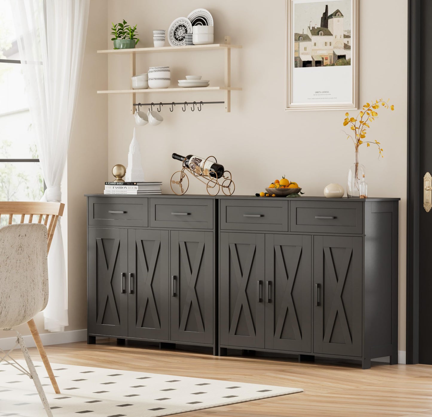 Homhedy Sideboard Buffet Cabinet, Coffee Bar Storage Cabinet with Drawers and Doors, Farmhouse Kitchen Cabinet with Adjustable Shelves, for Kitchen, Dining Room, Living Room, Black