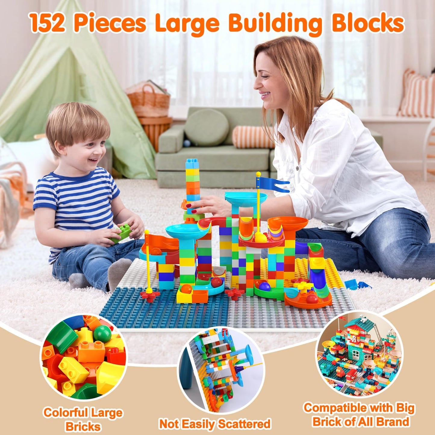 arscniek Toddlers Activity Table 7 in 1 Kids Activity Tables and 4 Chairs with 152Pcs Large Marble Run Building Blocks, Sand/Water Tables, Kids Learning Play Table Toys for Girls Boys Toddler Age 3-7
