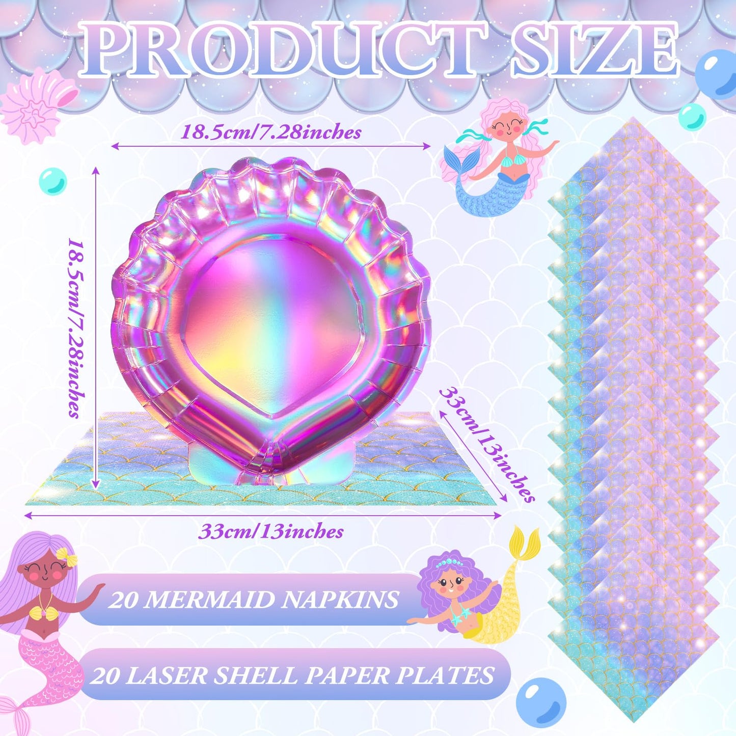 Gersoniel 40 Pcs Iridescent Pink Mermaid Party Supplies Set, 20 Clam Shell Plates and 20 Mermaid Scales Napkins Party Decorations Disposable Paper Plates and Napkins Seashell for Birthday(Shell)