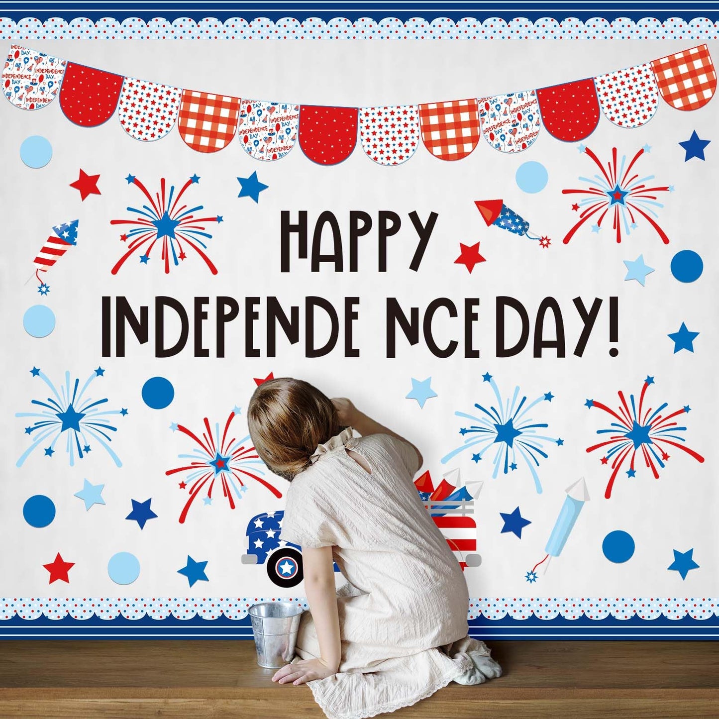 JarThenaAMCS 74Pcs Happy Independence Day Bulletin Board Kit Patriotic Red Blue Star Paper Cutouts with 100Pcs Glue Points 4th of July DIY Craft Art Decor for 250th Anniversary School Home Party