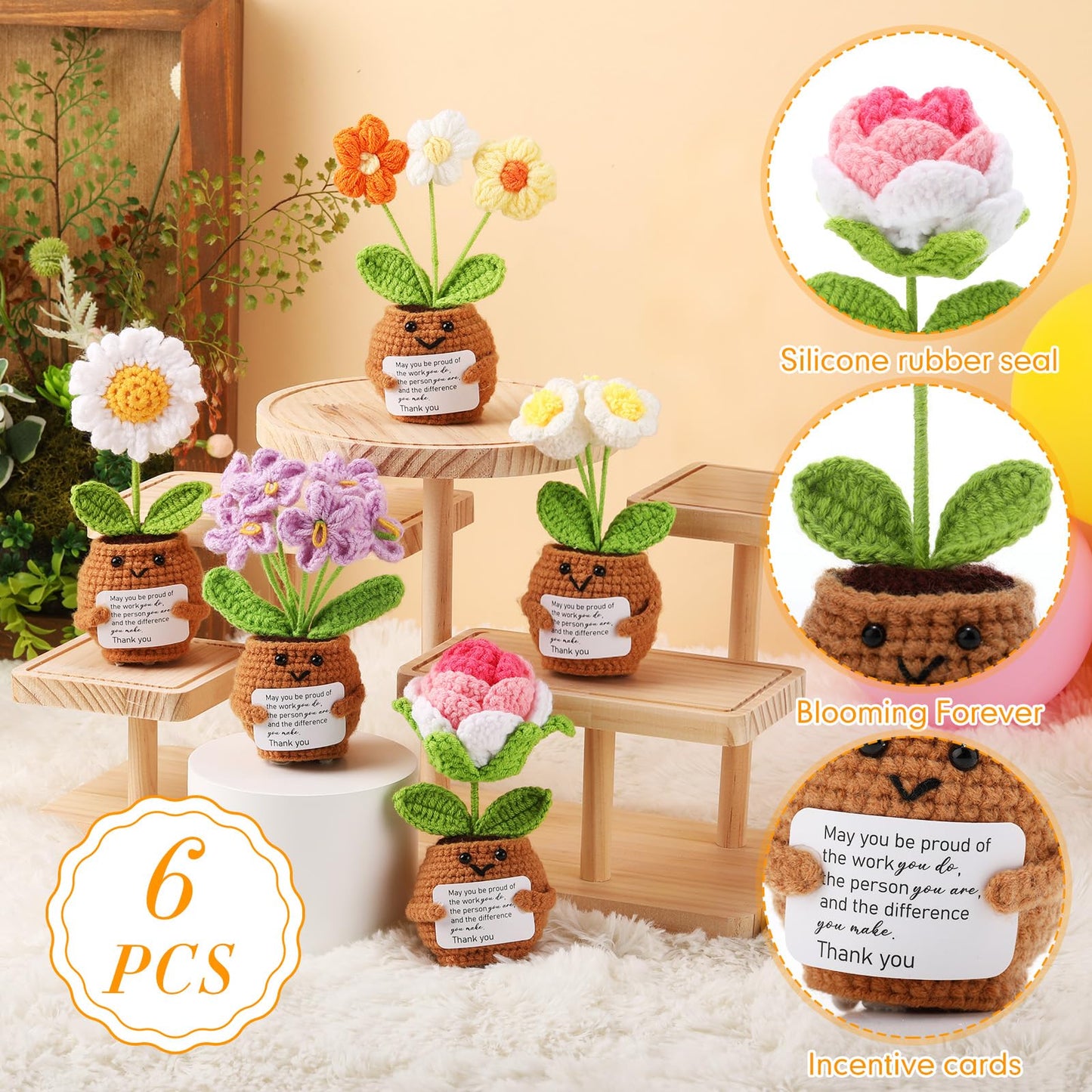 Geelin 6 Sets Positive Employee Appreciation Mini Crochet Flower Potted Doll with Card Emotional Rose Daisy Crochet Support Thank You Plants May You Positive Gift for Women Coworker Employee Teacher