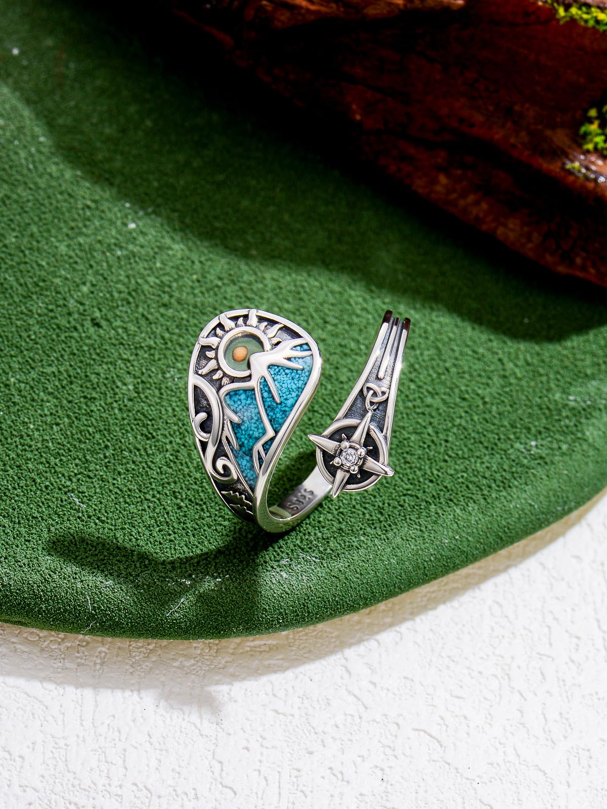 Midari Mountain Mustard Seed Spoon Rings for Women 925 Sterling Silver Adjustable Turquoise Mustard Seed Faith Rings Sun Open Spoon Thumb Rings Faith Jewelry for Women Men Birthday Christmas Gifts