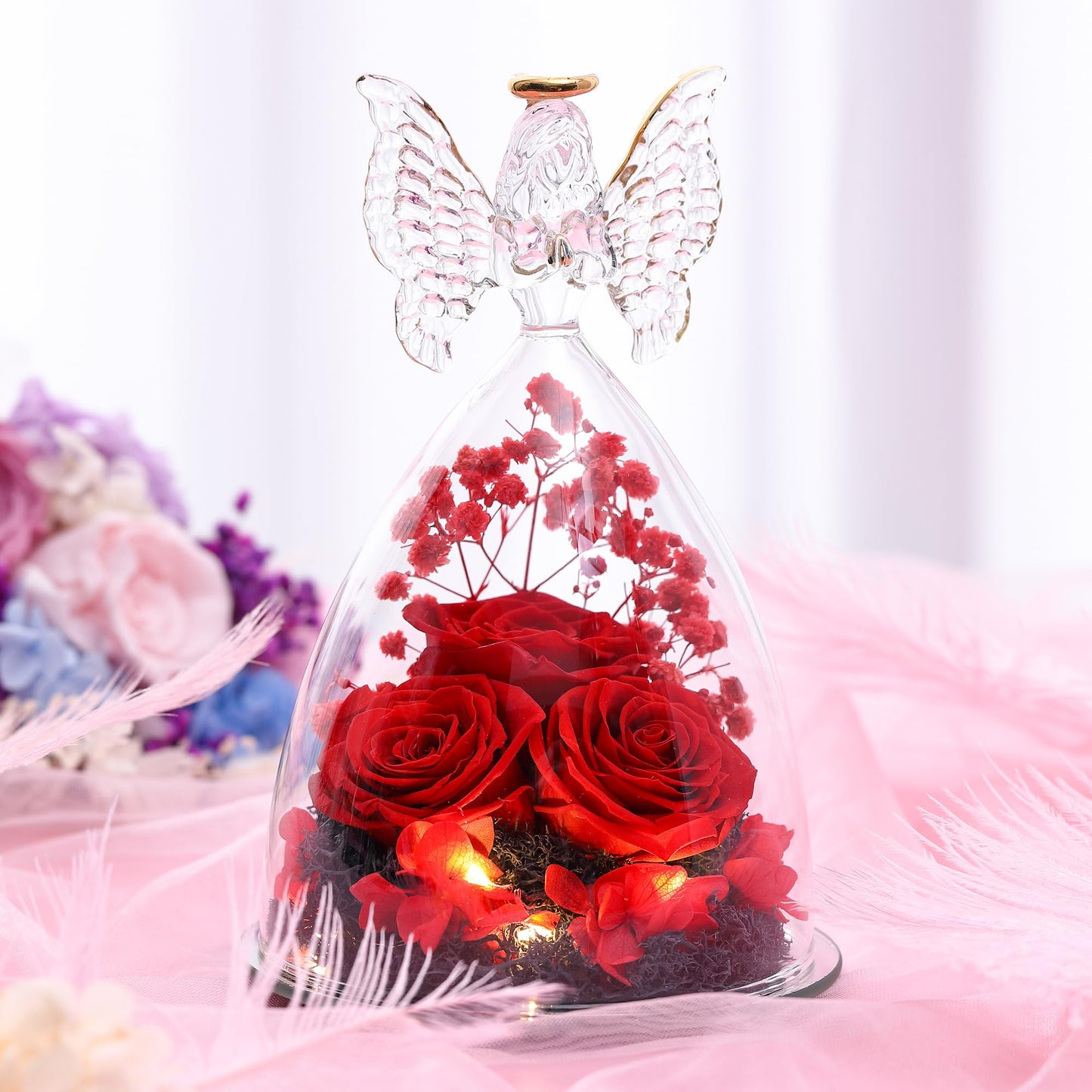 Tiaronics Mothers Day Rose Gifts for Women Preserved Real Flower in Glass Angel Figurines Roses for Delivery Prime Birthday Gifts for Mom Grandma Girlfriend Wife Her - Red
