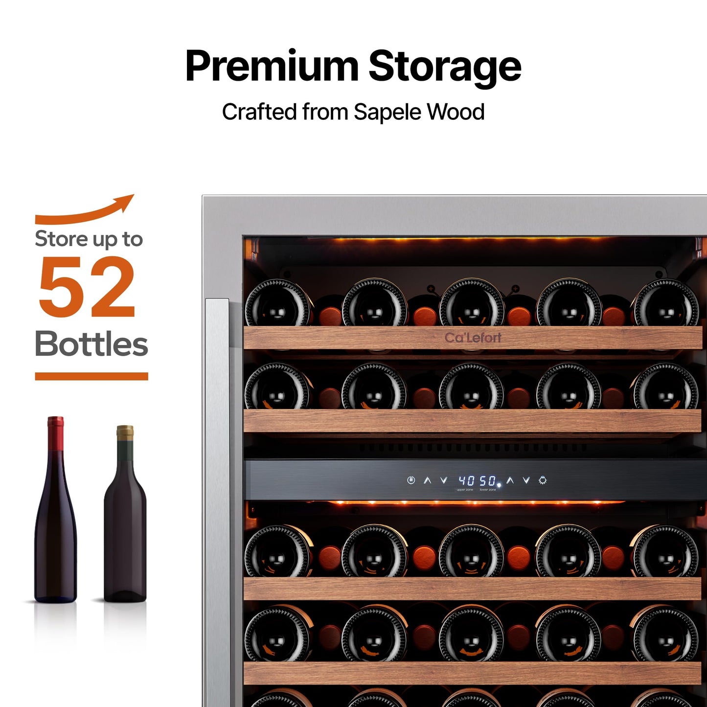 Ca'Lefort 24 Inch Wine Fridge Cooler - 52 Bottles Dual Zone Cooler with Glass Door, 3 LED Built-in Compressor Fridge with Adjustable Shelves for Home Office Bar (5.65 cu.ft)