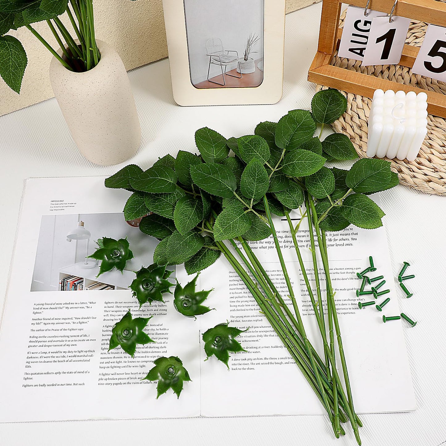 Bruislard 60Pcs Floral Wire Stem with Leaves and 60PCS Artificial Flower Calyxes Set, Floral Rose Arrangement Supplies for Wedding Party, DIY Craft