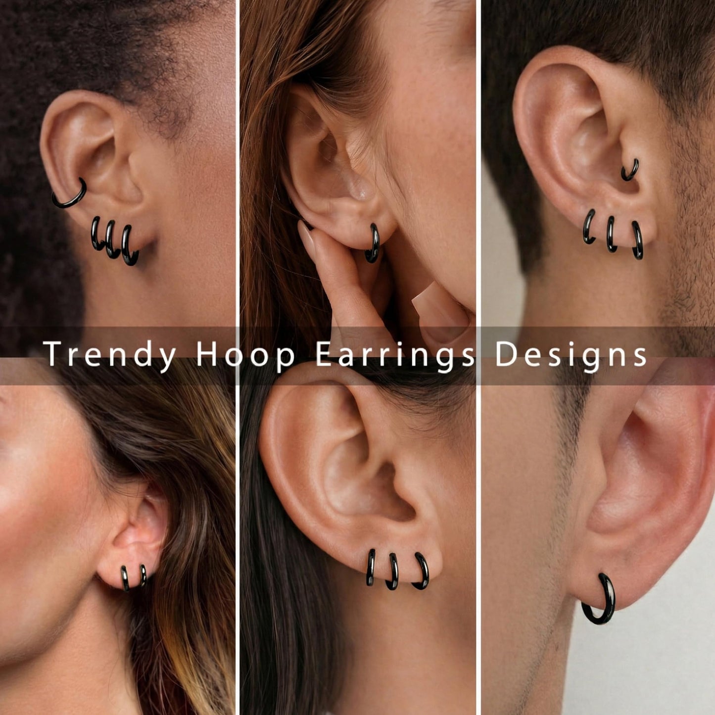 Gokeey Small Gold Huggie Hoop Earrings Set for Women 14K Real Gold Plated Hypoallergenic Lightweight Earrings for Sensitive Ears Everyday Earrings for Cartilage Piercings (10mm/10mm/10mm/10mm, Black)