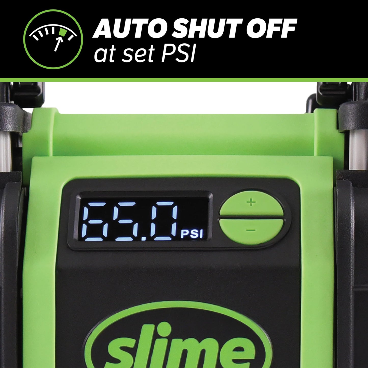 Slime 40083 Tire Inflator, Super Duty Pro Power, Battery Connection, Dual Piston, with Digital 0-99 psi Gauge, Long Hose and LED Light, Alligator Clips, 2 min Inflation