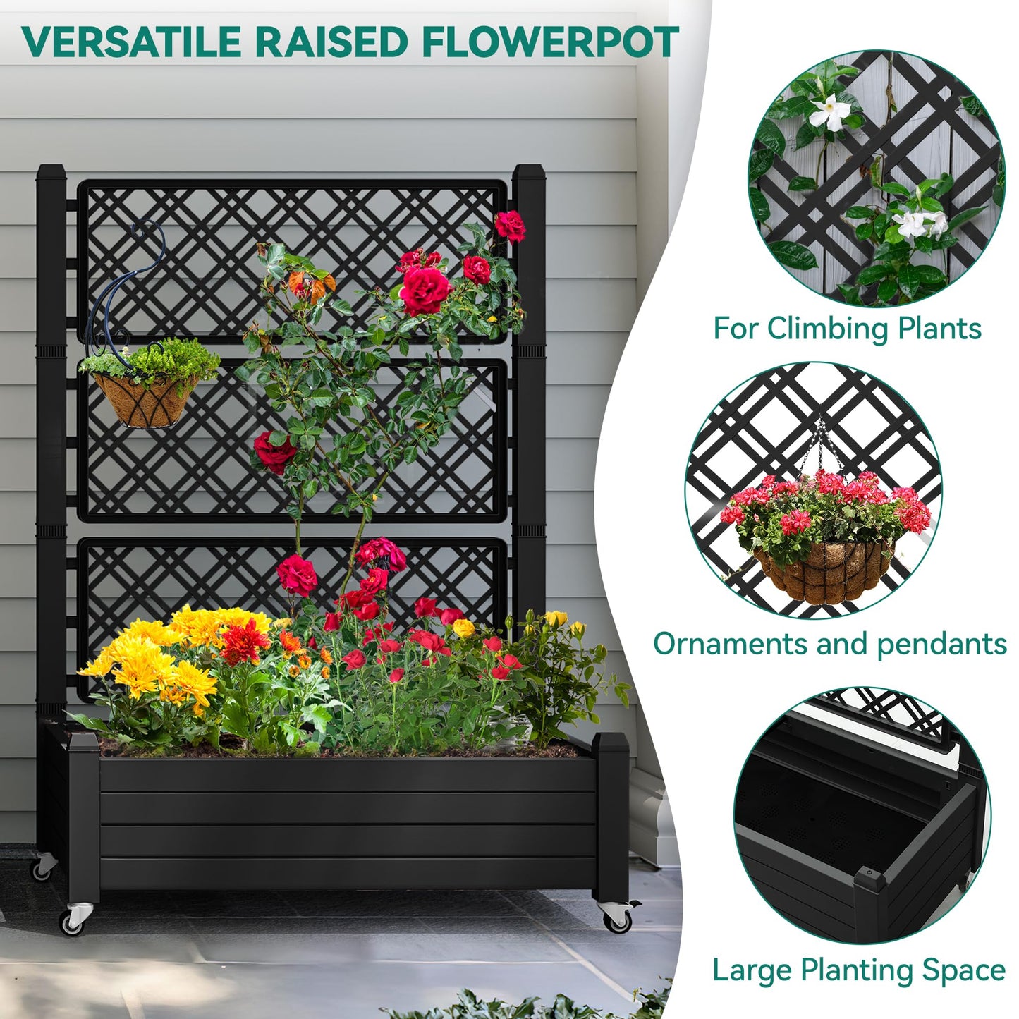 YITAHOME 3.6x1.5x5 FT Planter Box Trellis with Wheels, Large Outdoor Plastic Raised Garden Bed with Drain Plug for Climbing Plants, Black