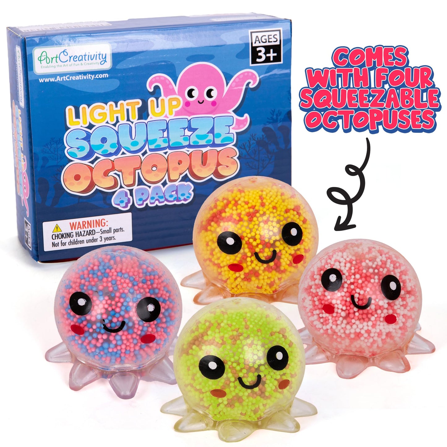 ArtCreativity Jumbo Light Up Squishy Octopus Toys – Set of 4 Fidget Sensory Toys for Kids & Adults – Glow in The Dark Toys for Autism, ADHD, Anxiety, Party Favors & Classroom Rewards
