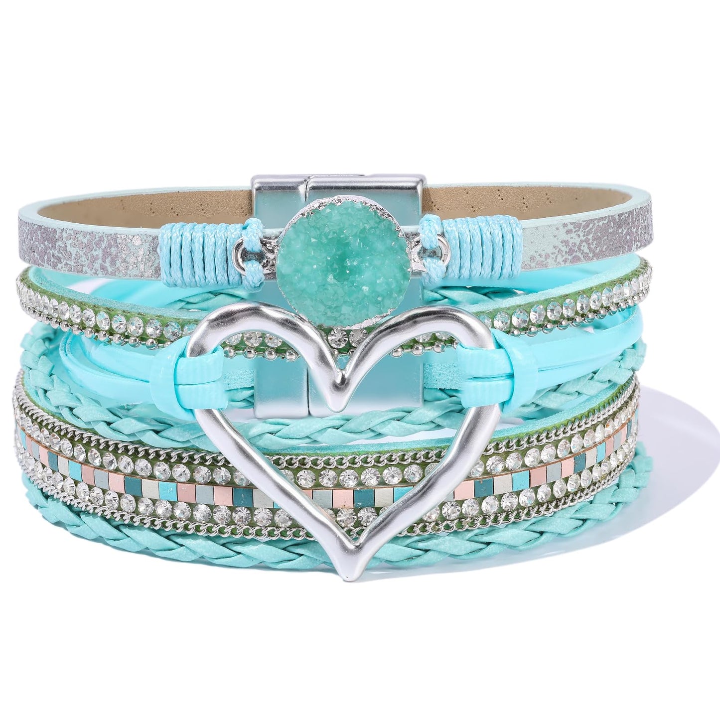Becklynn Boho Leather Wrap Bracelets Beaded Crystal Stackable Cuff Bracelet with Magnetic Clasp Cowboy Cowgirl County Concert Outfits Western Jewelry Gifts for Women(Heart Teal)