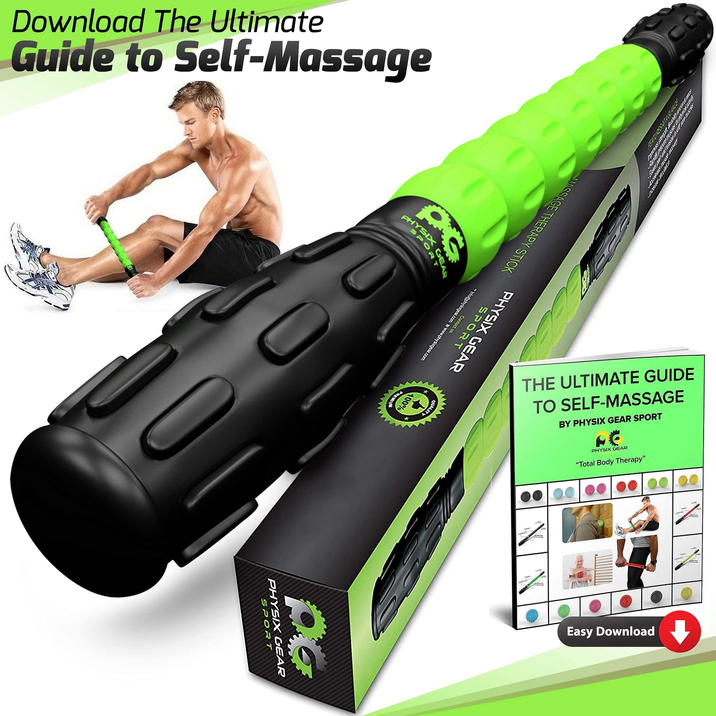 Physix Gear Roller Stick - Muscle Roller Massage Stick for Legs, The Stick Massage Roller for Deep Tissue Massaging Stick for Athletes, Physical Therapy Muscle Roller, Recovery Stick Roller, Green