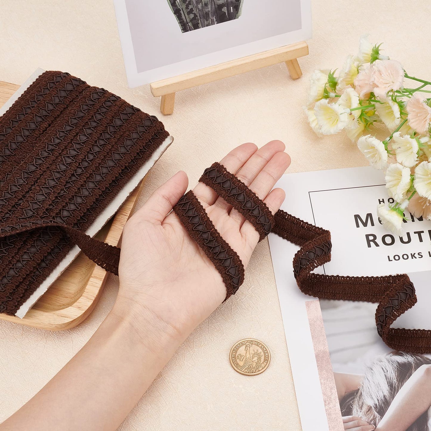 BENECREAT 15 Yard Faux Leather Braid Trims with Curve Lace, Coconut Brown Centipede Lace Ribbon for Home Decor DIY Sewing Craft, 3/4 Inch(18mm) Wide