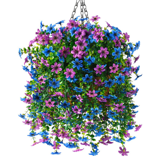 INQCMY Artificial Faux Hanging Flowers Plants Basket for Outdoor Outside Spring Decoration,UV Resistant Fake Silk Daisy in Planter Resistant Look Real for Home Porch Balcony Patio Yard Decor