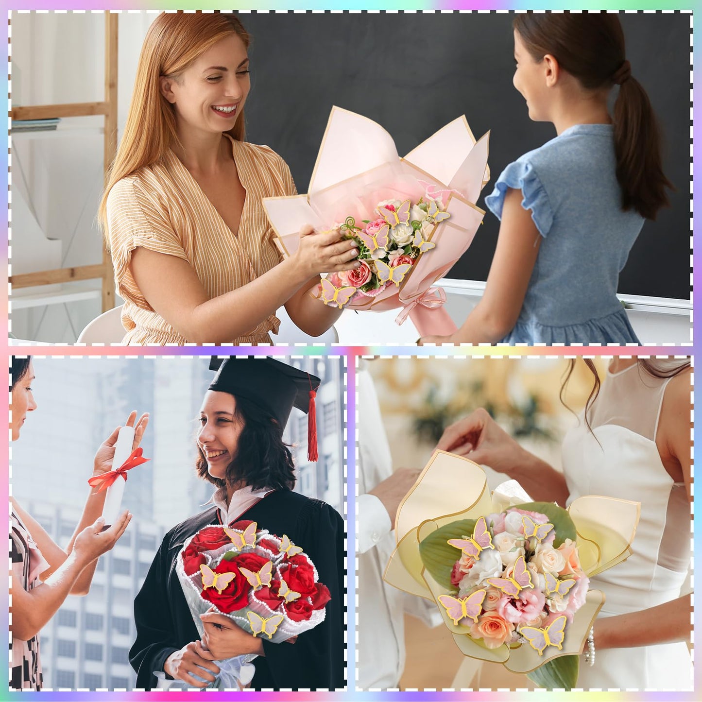 Trandraft 368 Pcs Wedding Birthday Anniversary Flower Bouquet Wrapping Paper Kit Flower Bouquet Accessories Flowers Supplies, 3D Butterfly Pin Ribbon Bow for Florist DIY Craft(Fresh,Lovely Color)