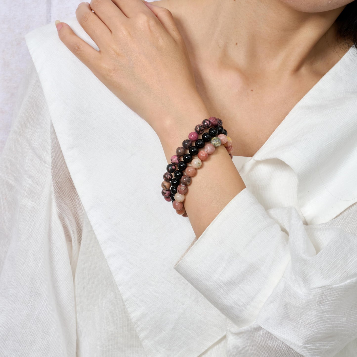 Bivei 3-Piece 4mm Beaded Bracelets for Women – Plum Blossom Jade, Rhodonite, Black Obsidian – Handmade Natural Crystal Stretch Elastic Jewelry for Meditation, Yoga, Protection Gifts