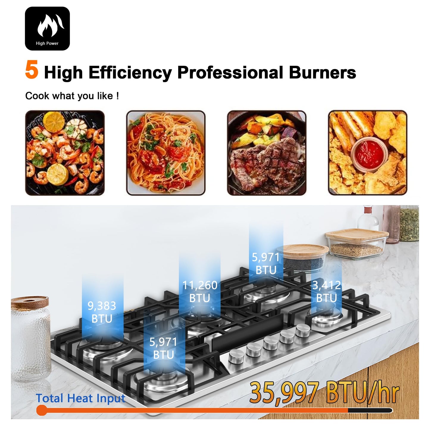 KOXKING 36 Inch Gas Cooktop, 5 Burners Dual Fuel (LPG/NG Convertible), Stainless Steel Gas Stove Top with Thermocouple Protection, Built-in Range, Easy to Clean