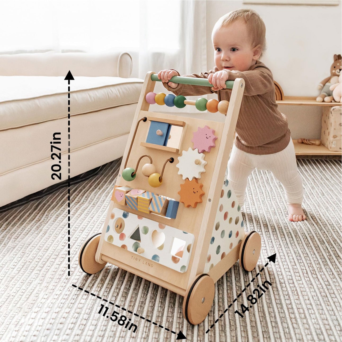 Tiny Land Wooden Baby Walker with Adjustable Speed, Montessori Activity Push Walker Toy for Toddlers, Baby Gift Parents Love for Boys & Girls(Morandi)