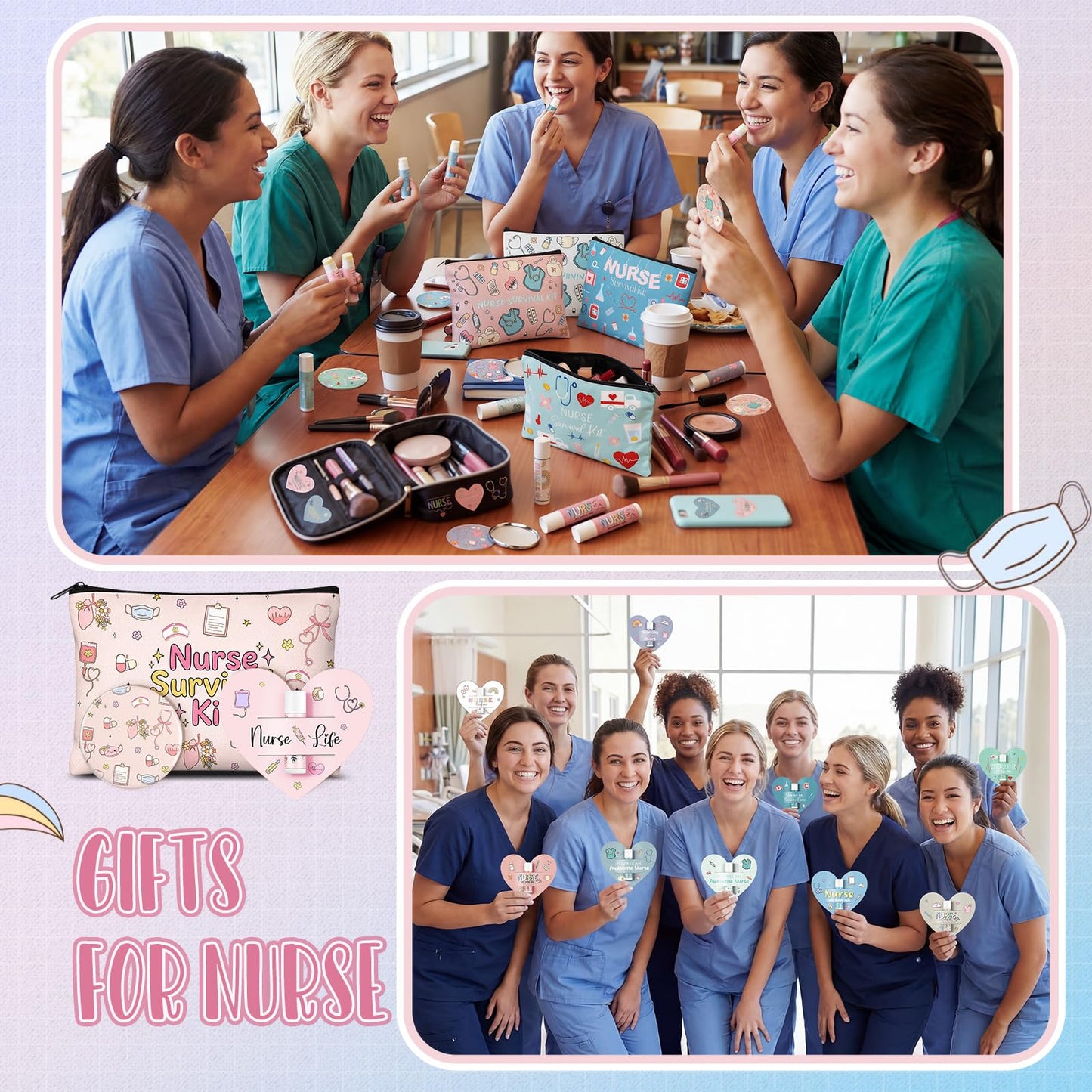 Liliaafar 12 Sets Nurse Week Gifts Bulk for Women Nurse Survival Kit Nursing Appreciation Makeup Bags with Zipper Cosmetic Bags Small Round Mirrors with Cute Lip Balm and Inspirations Cards