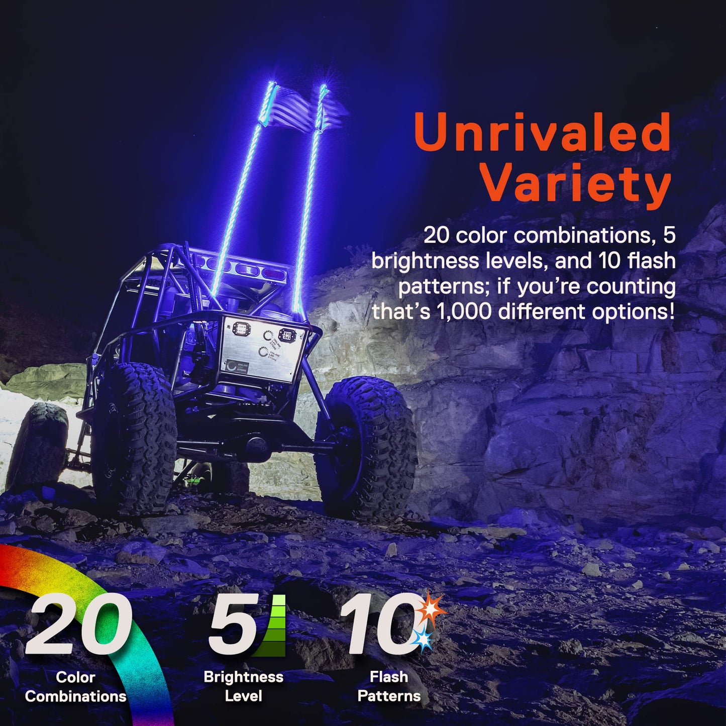 True Mods 2pc 4ft Spiral RGB LED Whip Light for UTV ATV [RF Wireless Remote] Flag Waterproof LED Lighted Whip CB Antenna Pole Stick for RZR Can-Am Polaris SxS 4x4 Quad Dune Buggy 4 Wheeler Accessories