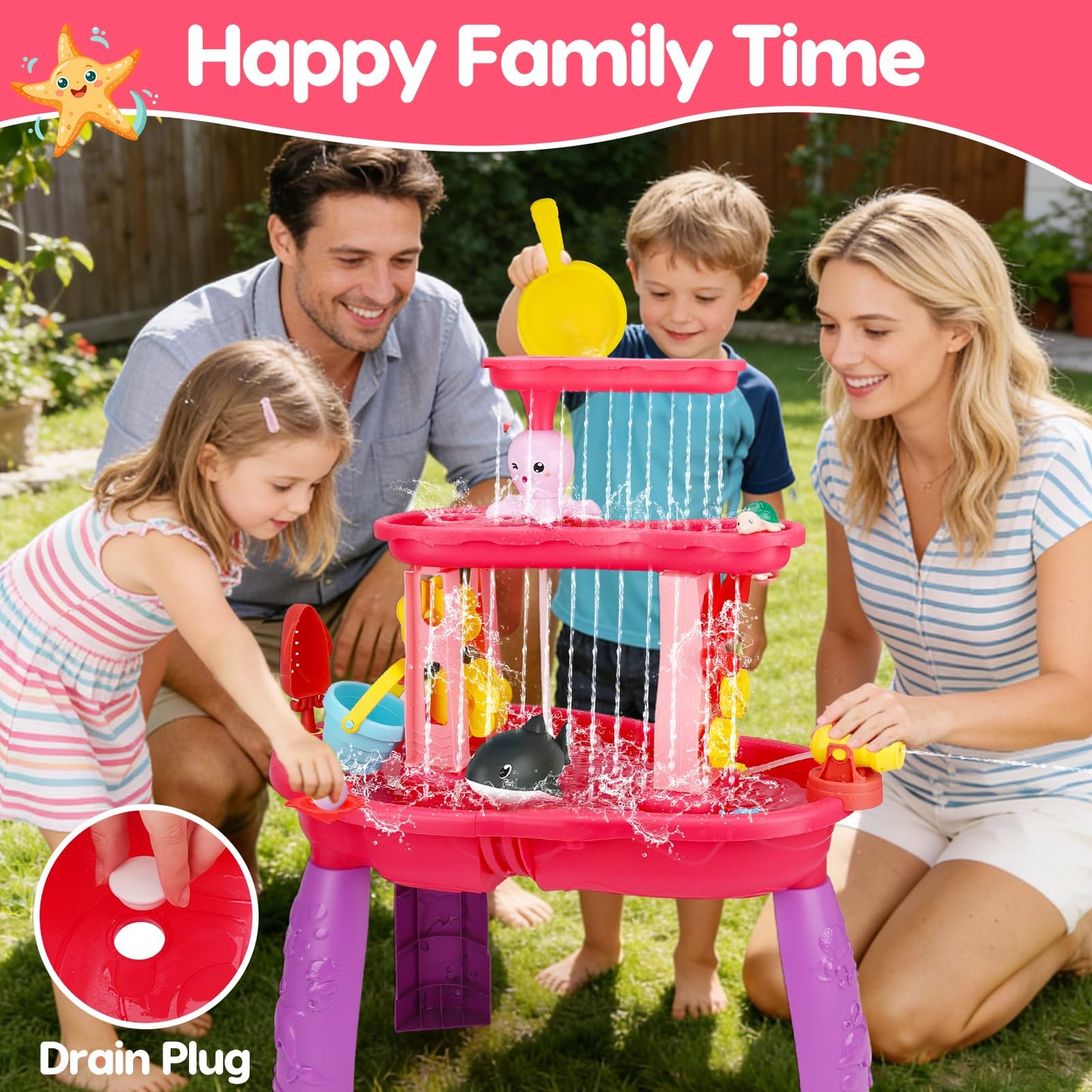 2026 Water Table for Toddlers 1-3 3-5 with Pump, 3-Tier Outdoor Sand Water Play Table Toys for Kids Ages 4-8 Outside Activity Sensory Summer Beach Pool Backyard Splash Pond Toys for Boys Girls Gifts