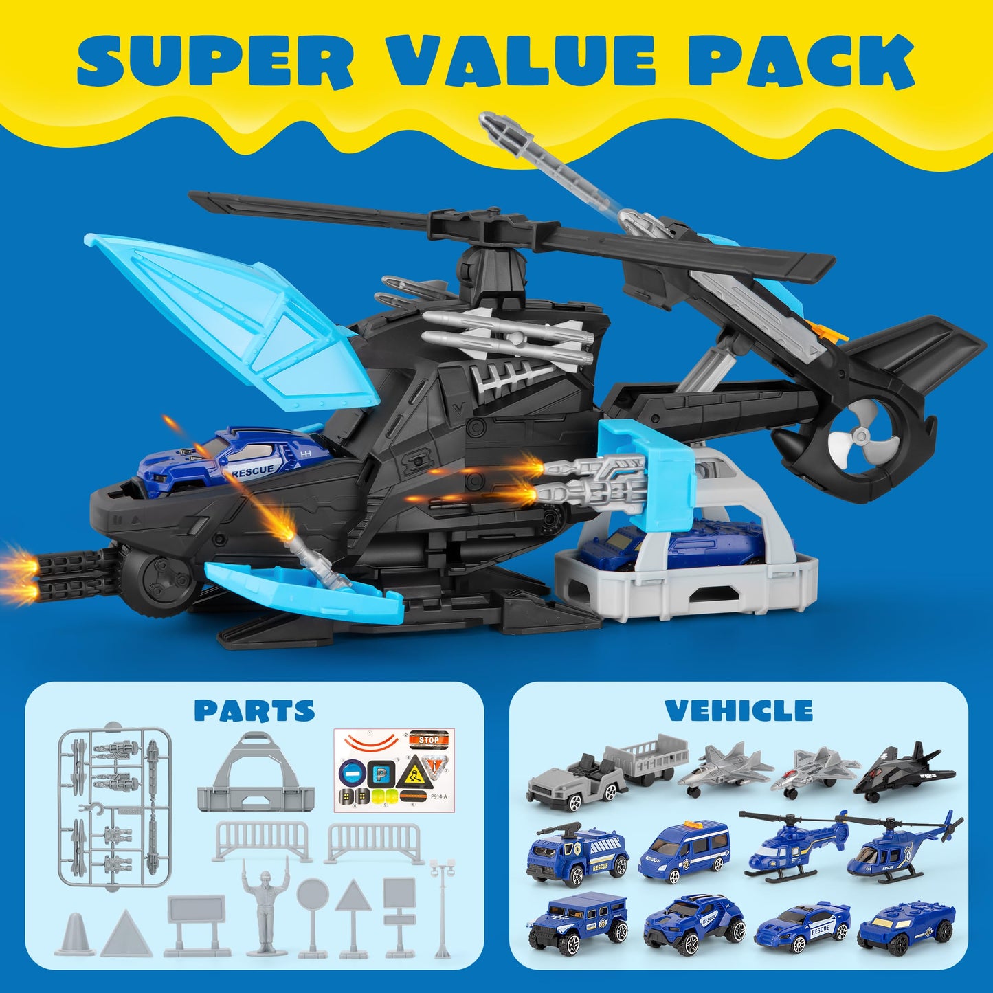XDUOYJOY Police Helicopter Toy Playset with Vehicles, Fighter Jets, Airplane, SWAT Truck and Roadblocks, Police Rescue Patrol Car Toy for Kids Imaginative Pretend Play