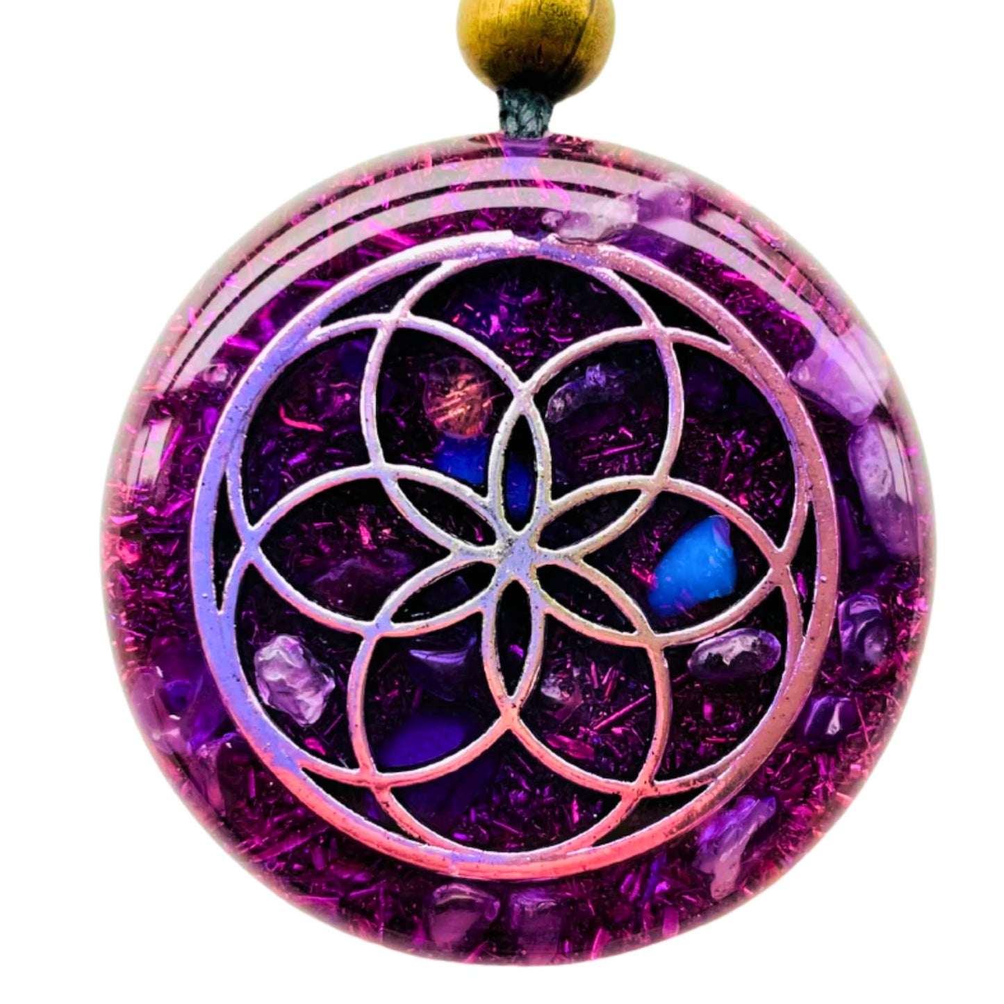ARTE ORGONES & Design Orgone Necklace Seed of Life Healing Crystals Protection SBB Coil Copper Stone, Orgonite Pendant Amethyst Moonstone Rose Quartz, Yoga, Reiki, Handmade, Amulet