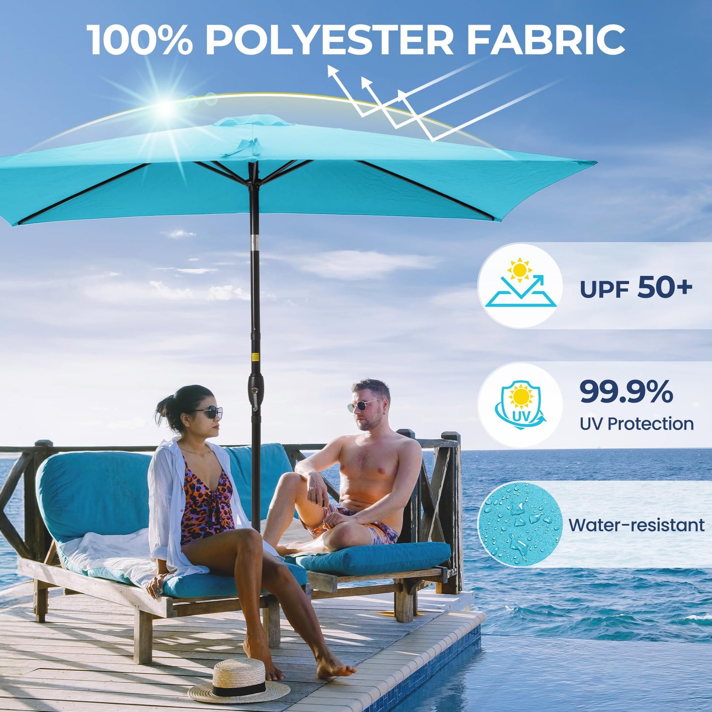 Wisteria Lane Patio Umbrella, Rectangular Patio Umbrella, Metal Pole Square Outdoor Umbrella with Crank and Push Button Tilt, Large Outdoor Umbrella with Polyester Canopy, Light Blue
