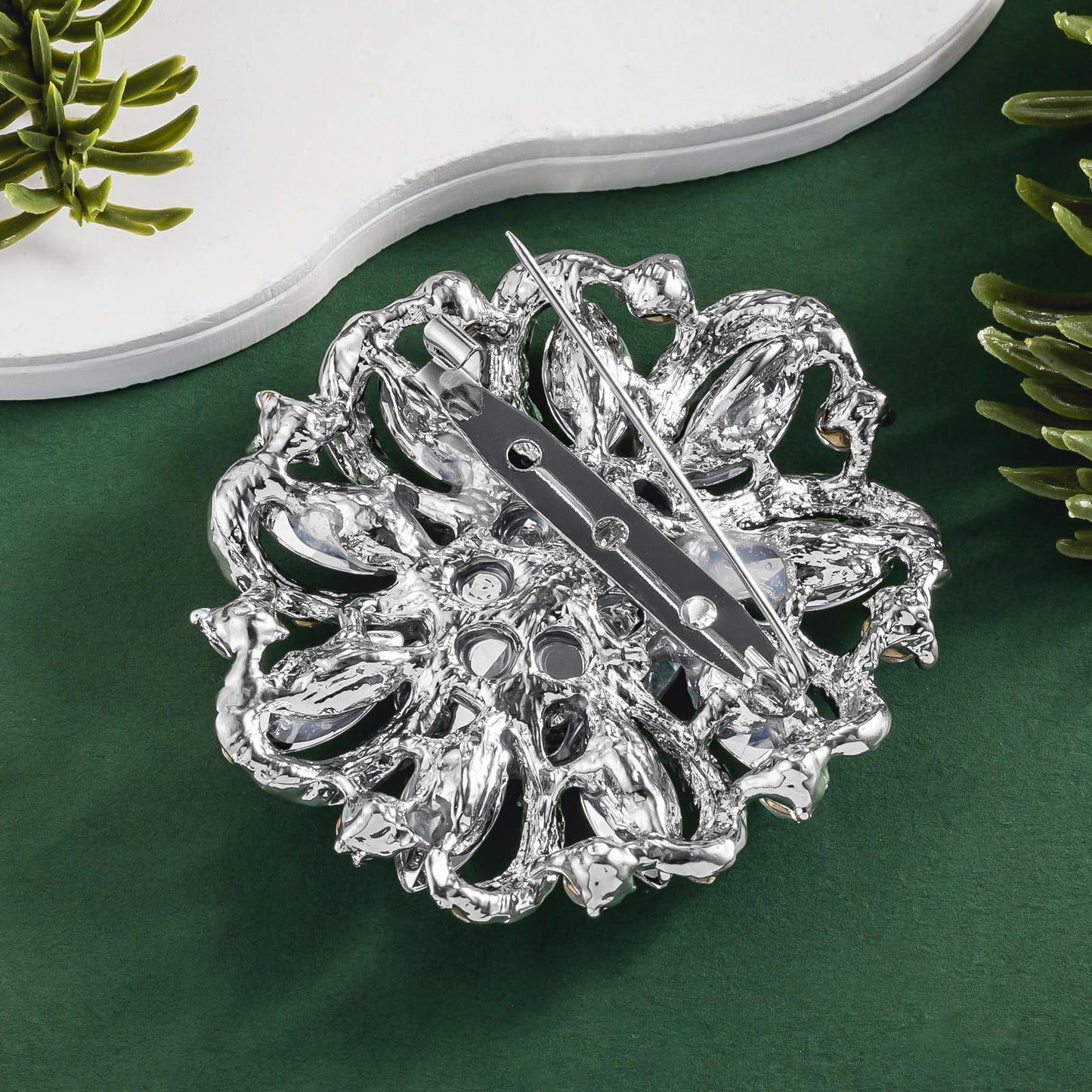 SELOVO Crystal Brooch with Oval Center Stone Sparkling Rhinestone Vintage Flower Design Wedding Bridal Pin Silver Tone