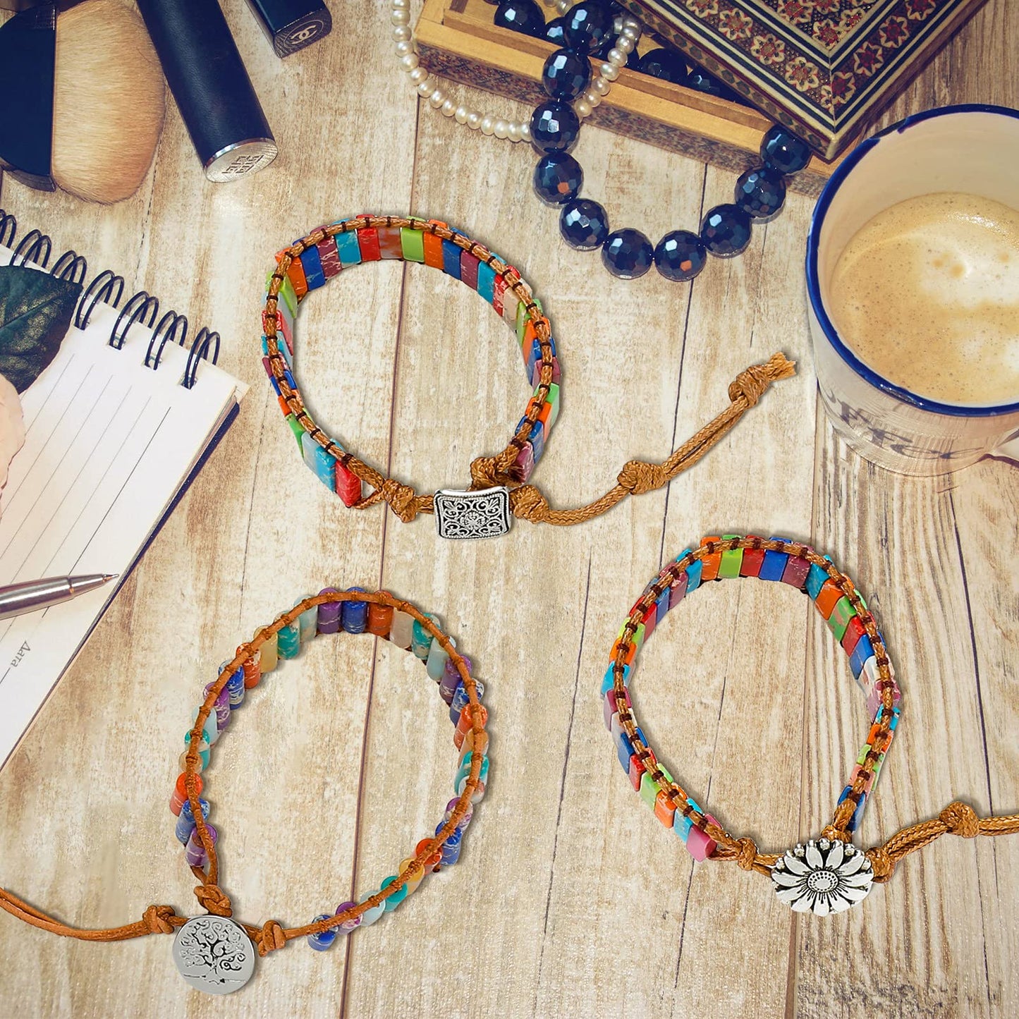 Hicarer 3 Pcs 7 Chakra Bracelets for Women Men Natural Stone Leather Wrap Healing Bead Bracelets Healing Stone Boho Friendship Jewelry Gifts
